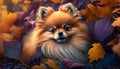 Pomeranian pup peeks through a sea of colorful autumn leaves