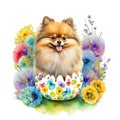 Pomeranian Puppy Celebrating Easter with Colorful Eggs and Blooms AI Generated