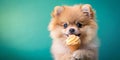 pomeranian puppy eating ice cream Candy for dog concept Generative AI