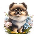 Pomeranian puppy with flowers isolated on white background. Watercolor illustration generative AI animal ai Royalty Free Stock Photo