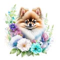 Pomeranian puppy and flowers isolated on white background. Watercolor illustration generative AI Generative AI Royalty Free Stock Photo
