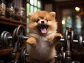 Pomeranian puppy lifts weights in tiny gym