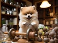 Pomeranian puppy lifts weights in tiny gym