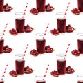 Pomergranate juice in a glass with garnet pieces repeat seamless pattern on white background. Royalty Free Stock Photo