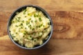 Pomme puree, an overhead photo of a bowl of mashed potatoes with herbs, shot from the top Royalty Free Stock Photo