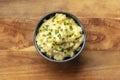 Pomme puree, an overhead photo of a bowl of mashed potatoes with herbs Royalty Free Stock Photo