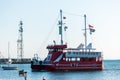 View on the sea port of the seaside resort town of Pomorie. A tourists pleasure boat.