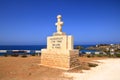 Pomos village, Paphos district, Representation of the Idol of Pomos on a welcome sign. Translation of the Greek words: 3500 BC,