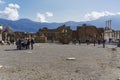 Pompeii, Italy Foro di Pompeii with Statue of Centaur & tourists. Royalty Free Stock Photo