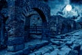 Pompeii at night, Italy. Mystic apocalyptic view of destroyed houses of ancient city in full moon