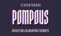Pompous alphabet with numbers of white purple 3d symbols with shadow. Volumetric display font. Vector isolated english alphabet