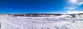 The ponarama of river froze in winter covered with snow. Nature in winter, beautiful lake landscape in the snow. Clear Royalty Free Stock Photo