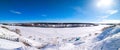 Ponarama winter landscape of nature. The river Oka froze and covered with snow. In nature in winter in Russia. Clear Royalty Free Stock Photo