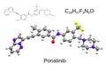 Chemical formula, skeletal formula and 3D ball-and-stick model of a chemotherapeutic drug ponatinib