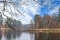 Pond in the autumn forest. The concept of autumn meditative landscapes. Selective focus, horizontal photo.