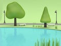 Pond blue water in green parks summer concept with low poly tree chair walkway lamp cartoon style 3d render