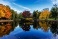 Pond in Boston Common Garden surrounded by colorful trees in fall season Royalty Free Stock Photo