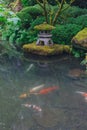 Pond with carps and pagoda light at Portland Japanese Garden, Portland, Oregon Royalty Free Stock Photo