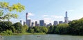 Pond in the central park in NYC. Central Park and Manhattan Skyline. Midtown Manhattan skyline viewed from Central Park