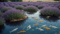 a pond containing goldfish amidst lavender flowers