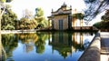 Pond with cottage of the gardens of the Labyrinth of Horta Royalty Free Stock Photo