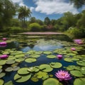A pond covered in lily pads that bloom into radiant, living mandalas when touched1