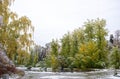 Pond in fall city park and trees under first early snow. Wet snow covered all around. Transition. Royalty Free Stock Photo