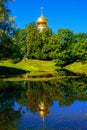 Pond and Fedorovsky Cathedral in Pushkin Tsarskoe Selo, St. Petersburg, Russia.