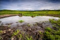 Pond, field and mountains in Kazakhstan Royalty Free Stock Photo