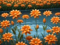 A Pond Filled With Lots Of Orange Flowers. Generative AI