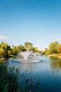 Pond with fountain at Baramsae Village Picnic Garden in Pyeongtaek, Korea Royalty Free Stock Photo