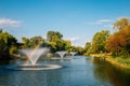 Pond with fountain at Baramsae Village Picnic Garden in Pyeongtaek, Korea Royalty Free Stock Photo