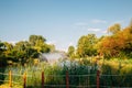 Pond with fountain at Baramsae Village Picnic Garden in Pyeongtaek, Korea Royalty Free Stock Photo