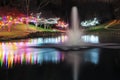 Pond with Fountain and Christmas Lights