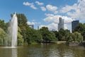 Pond and fountain in the Friedrich Ebert Anlage in Frankfurt, Germany Royalty Free Stock Photo