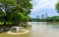 A pond with fountain, view at Bangkok skyscrapers from city park Royalty Free Stock Photo