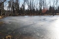 The sun is shining on the icy pond on theis winter day.