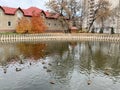 Pond in the garden named after S.T. Aksakov in autumn. Ufa, Republic of Bashkortostan
