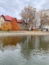 Pond in the garden named after S.T. Aksakov in autumn. Ufa, Republic of Bashkortostan