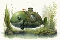 Pond with green submarine watercolour, created with Generative AI technology