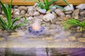 A pond in the interior, a small fountain with color illumination, landscape design of a small pond