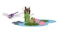 Funny cartoon illustration of a small pond with dragonfly and frog Royalty Free Stock Photo