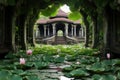 a pond with lily pads and a building with columns and a staircase