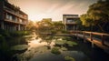 a pond with lily pads in front of a row of apartment buildings with a wooden walkway leading to the upper level of the building Royalty Free Stock Photo