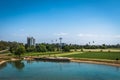 Pond in Mannheim city with ropeway connecting parks during federal horticulture and garden show in Germany