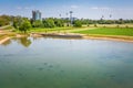 Pond in Mannheim city with ropeway connecting parks during federal horticulture and garden shows, Germany