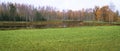 Pond, meadow and birch forest in autumn Royalty Free Stock Photo