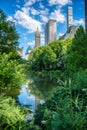 Pond in New York City Central Park at summer against skyscrapers and blue sky Royalty Free Stock Photo