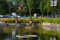 Pond in the Old Mill District in Summer in the City of Bend, Oregon Royalty Free Stock Photo