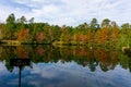 A Pond in Autumn Reflects the Fall Color of the Leaves.